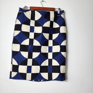 J. Crew Geometric Print Pencil Skirt Womens 10 Wool Silk Blue Black Cream